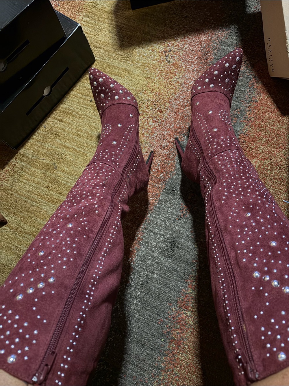 Burgundy Suede Knee-High Boots with Crystal Studs - Picture 3 of 5